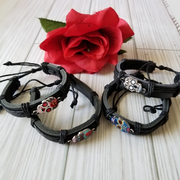 3/$30♥️ Sugar Skull Black Leather Bracelet Unisex - Picture 7 of 9